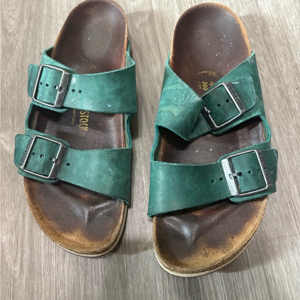 Birkenstock Forest Green Leather Slides